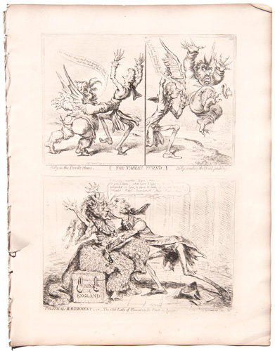 original James Gillray etchings The Tables Turned. Billy in the Devil's Claws. Billy Sending the Devil Packing.
Political Ravishment; or, The Old Lady of Threadneedle Street in Danger